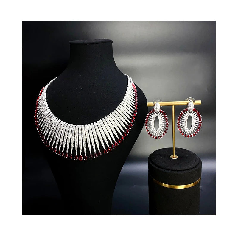 Luxury Full-Paved Zirconia 2-Piece Nigerian & UAE Dubai Geometric Necklace & Earrings Bridal Set — Rhodium Plated