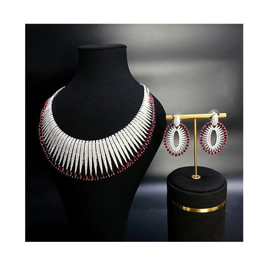 Luxury Full-Paved Zirconia 2-Piece Nigerian & UAE Dubai Geometric Necklace & Earrings Bridal Set — Rhodium Plated