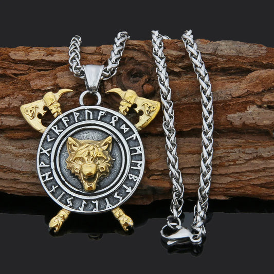 Vintage Viking Nordic Pirate Wolf Head Pendant Stainless Steel Celtic Cross-Border Boutique Link Necklace Gold Plated Pearl