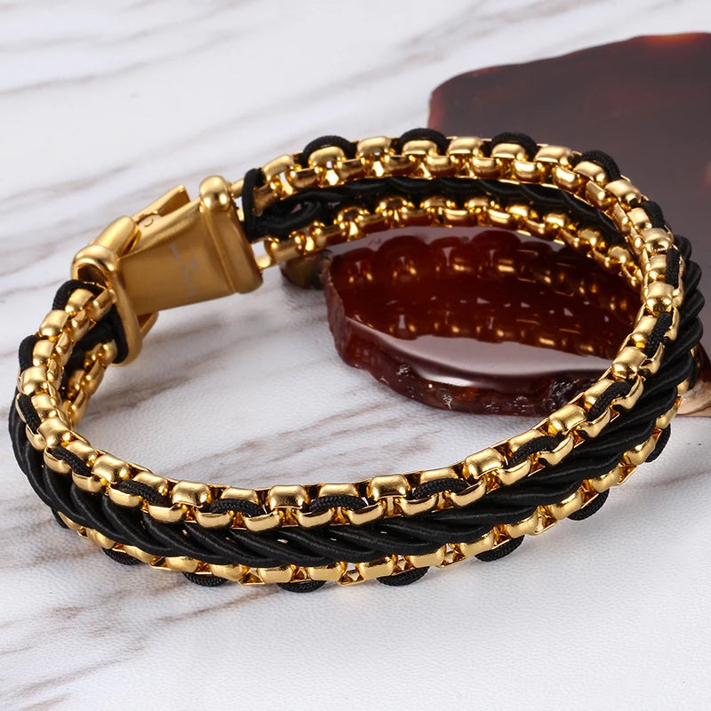 KALEN Fashion Gold Plating Stainless Steel Charm Bangle Leather Bracelet for Men KB76206-BD