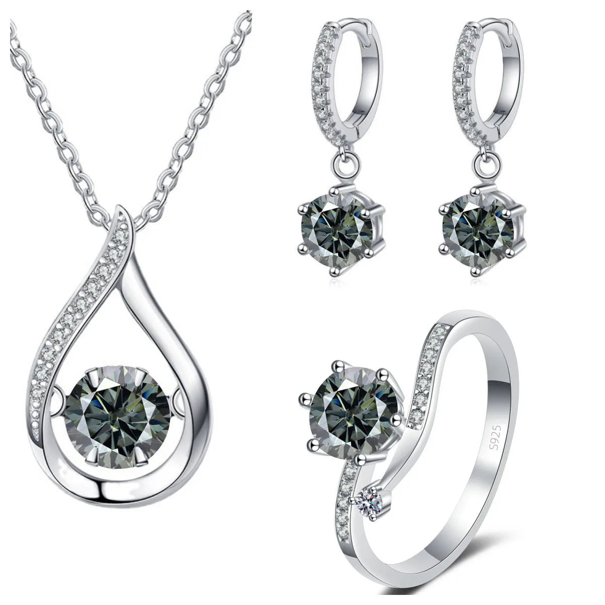 S&S 925 Silver 1CT VVS Moissanite Jewellery Set | Water Drop Necklace, Earrings & Ring | 20 Colours