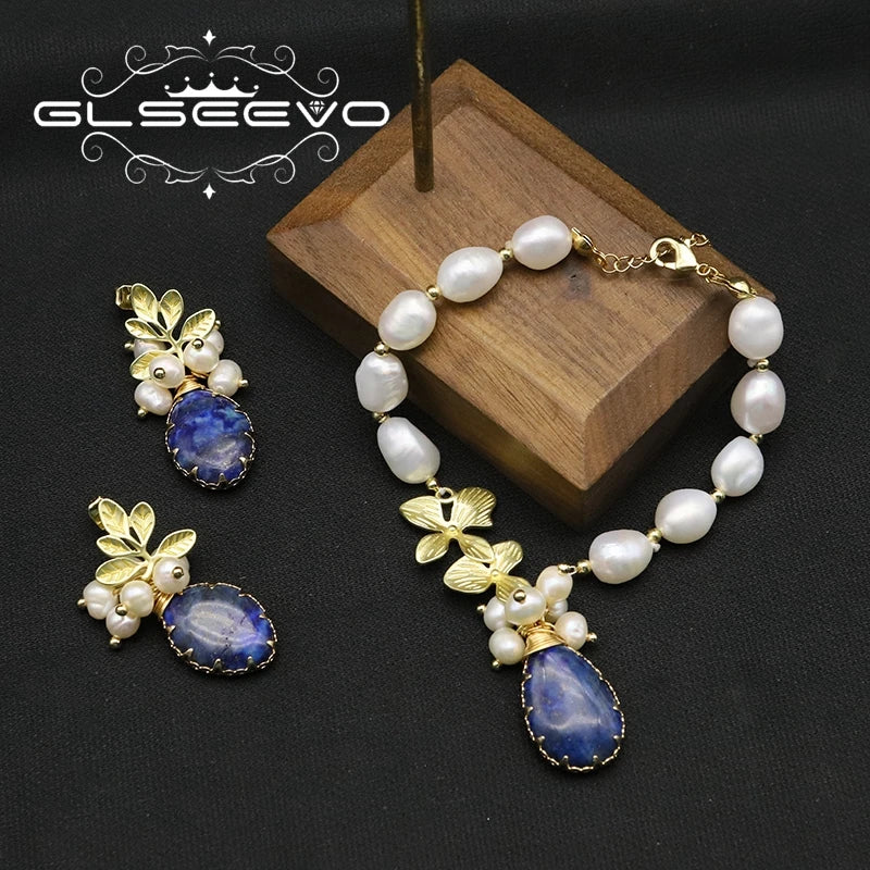 GLSEEVO Natural Freshwater Baroque Pearl & Gold Flower Leaves Jewellery Set — Necklace, Earrings & Bracelet