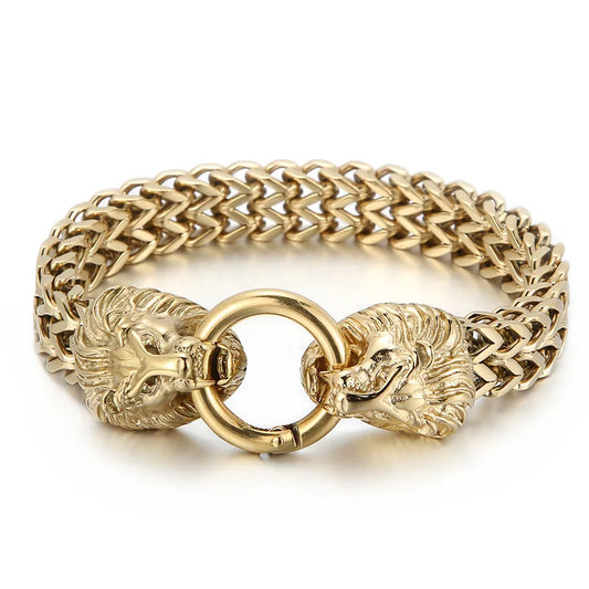 KALEN 230mm Men Punk Stainless Steel Herringbone Bracelet With Lion Head Charms Clasp