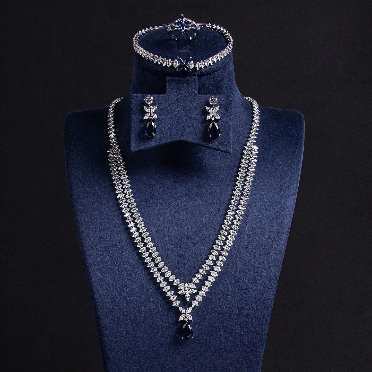 Luxury Pear-Cut Zirconia 4-Piece Dubai & Nigerian Geometric Bridal Set — Rhodium Plated