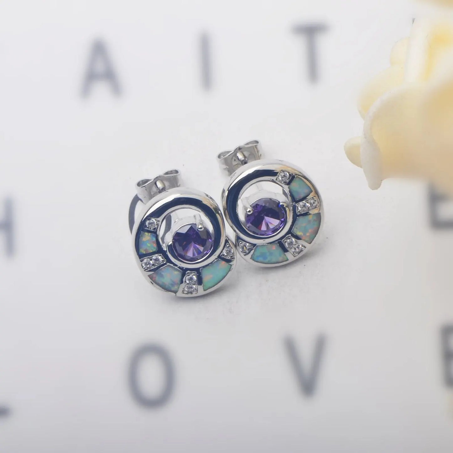 Exquisite Purple Opal Geometric Silver Plated Christian Pendant Earrings Cute Fairy Tale Style Women's Jewelry for Bulk Gift