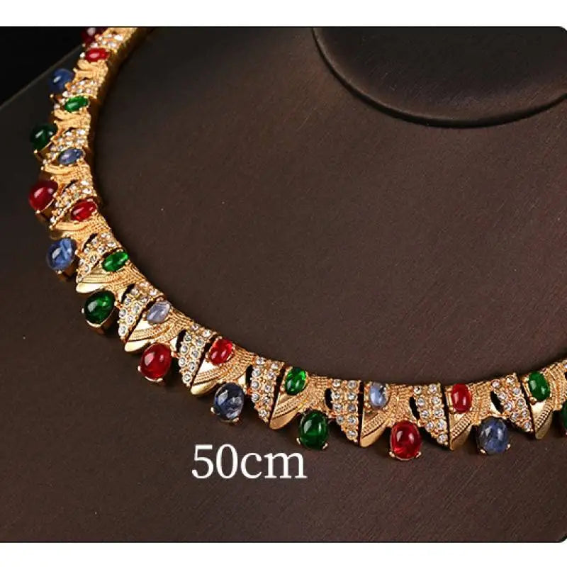 Medieval Retro Copper Inlaid Rhinestone Necklace Earrings Bracelet Fashion Light Luxury Elegant Jewelry Set
