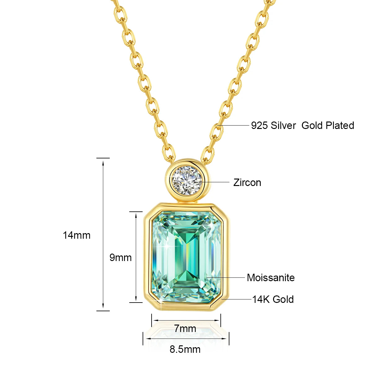 Gioiellieri Fine Jewelry Gold Woman New Year Gift 2ct 3ct 4ct Light Green Emerald Cut Moissanite 14K Gold Hollow Pendant Necklace