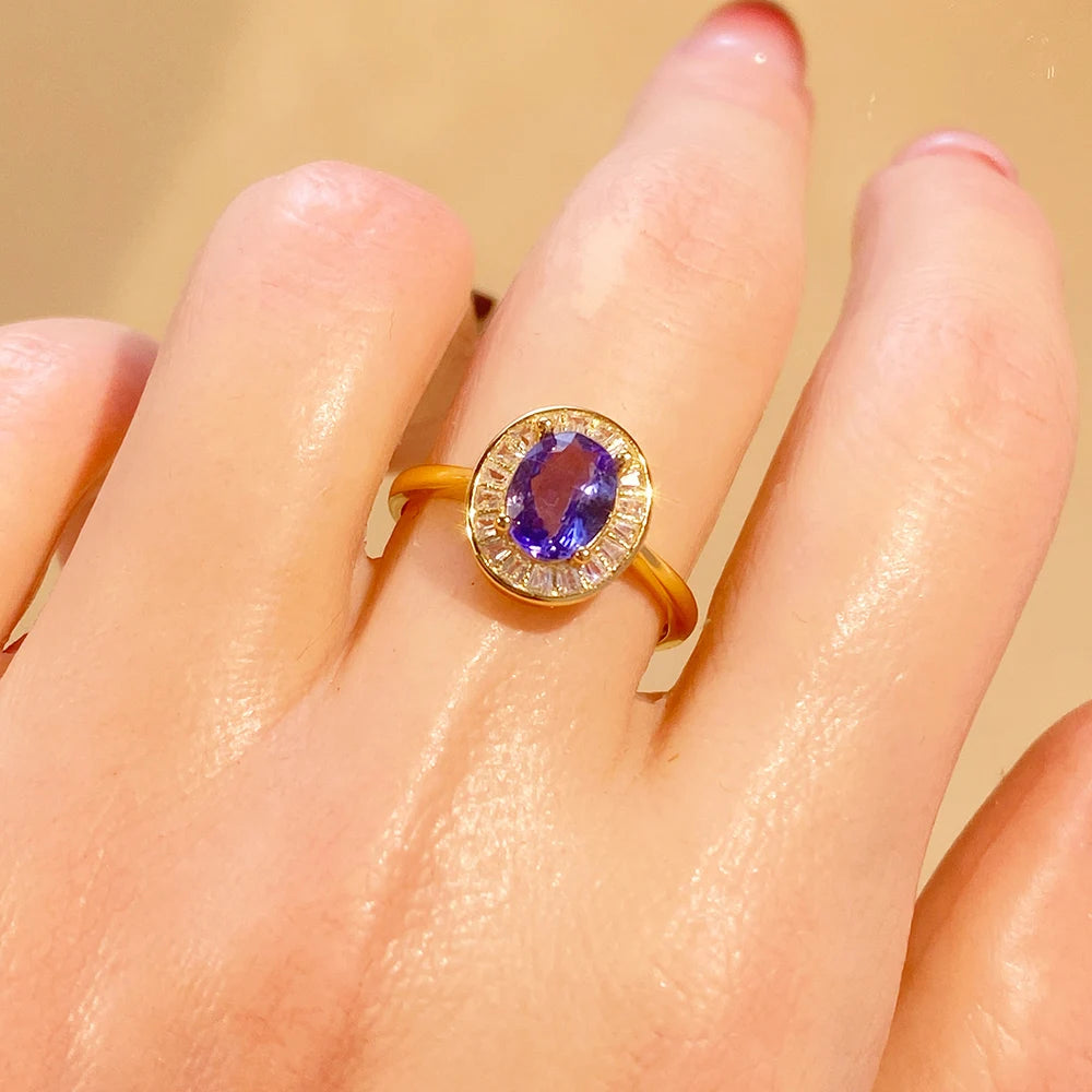 Gioiellieri S925 Sterling Silver Oval Cut Natural Tanzanite Rhodium Classic Ring-CMA Certified Sparkling Gemstone Evening Party Jewelry