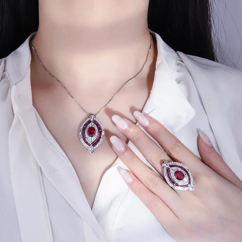 Fashion Jewelry Eco-friendly Copper 8*10MM Red Zircon Women's Insert Design Ring and Necklace Combo Set for Valentine's Day Gift
