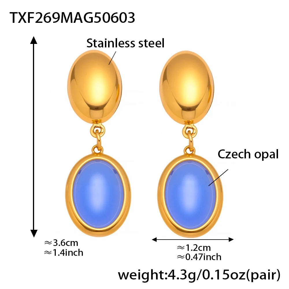 Natural Oval Opal Necklace, Bracelet & Earrings Jewellery Set | Bohemian Gold Plated Stainless Steel Set