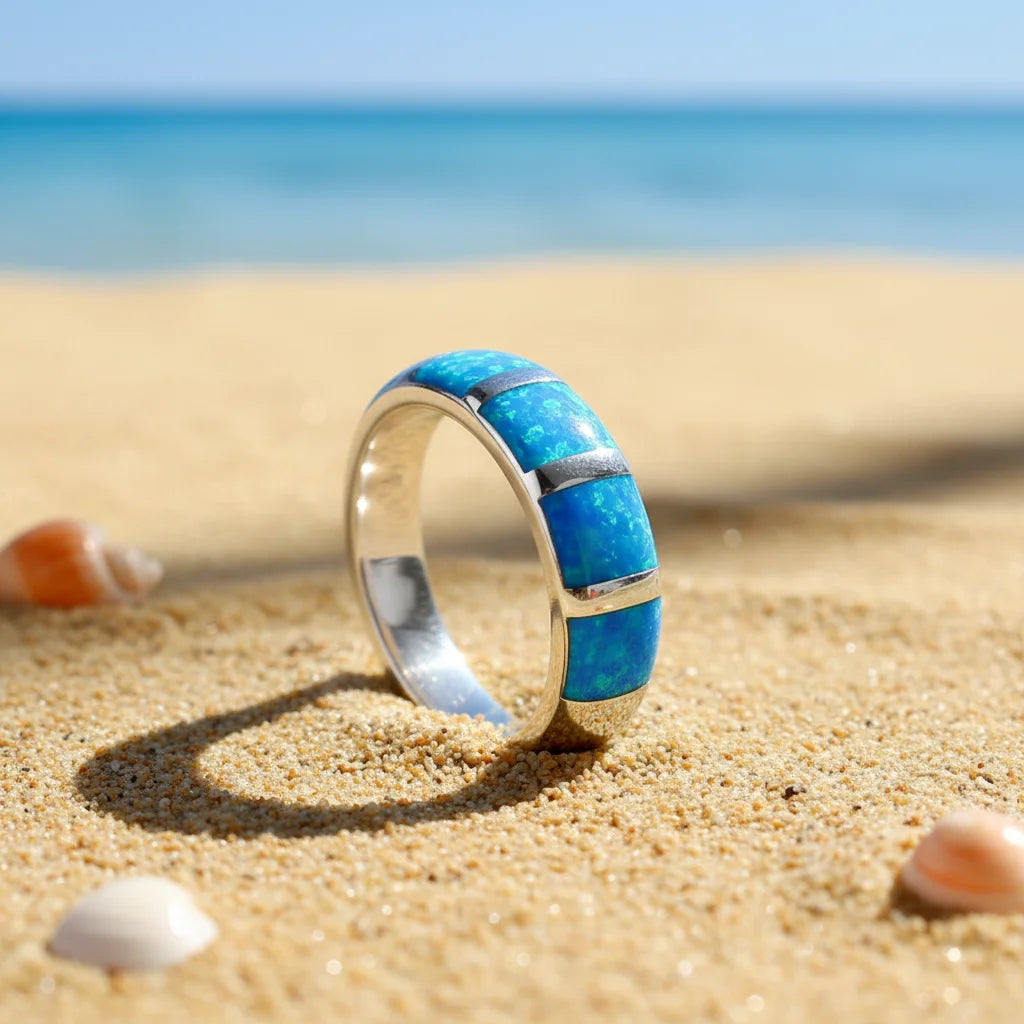 Geometric Overlay Opal Open Ring | Blue/Iridescent Gem Inlay  Band | Nature-Themed Fashion Jewelry for Women