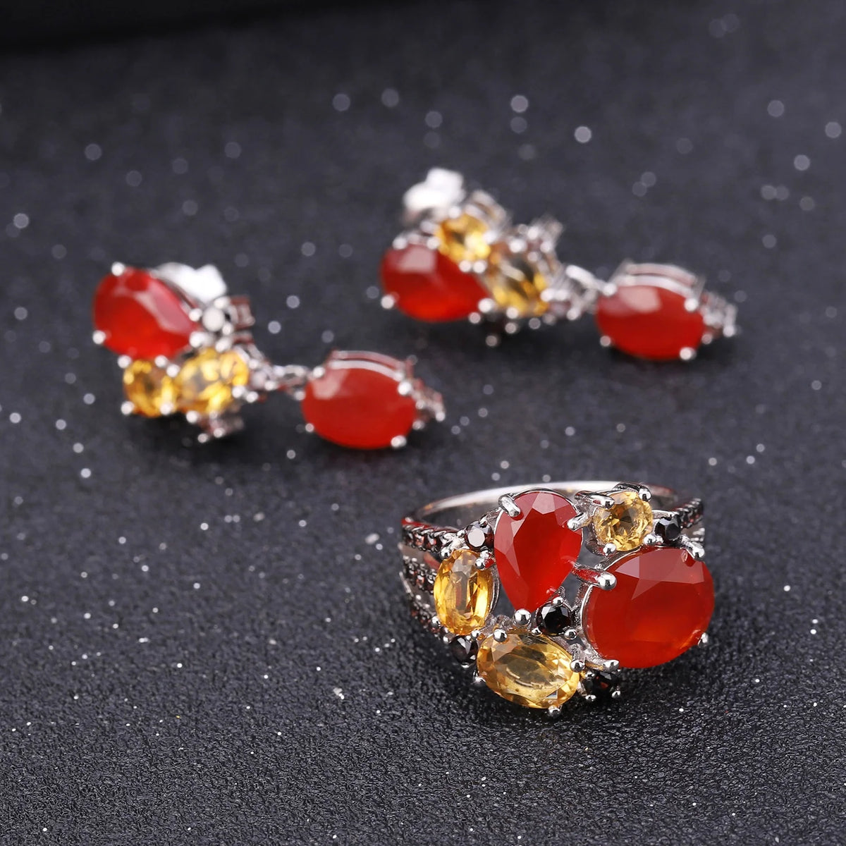 ArtistA C7645 Abiding Vintage Fine Jewelry Natural Stone Red Agate Citrine Smoky Cz Gemstone 925 Sterling Silver Drop Earrings