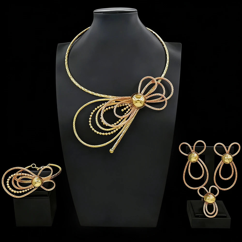 Zhuerrui African Italian Gold Plated Jewelry Set Bold Ribbed Twisted Geometric Choker for Women Wedding Banquet X00132