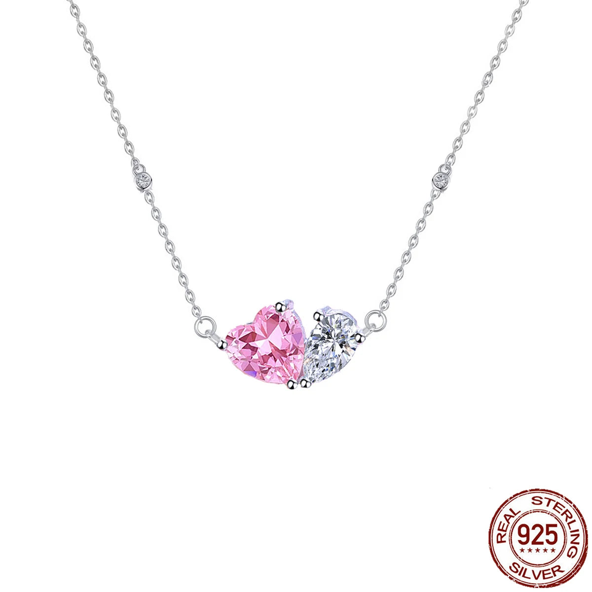 S&S 925 Sterling Silver Pink Heart CZ Drop Pendant Necklace – Rhodium Plated – Collection
