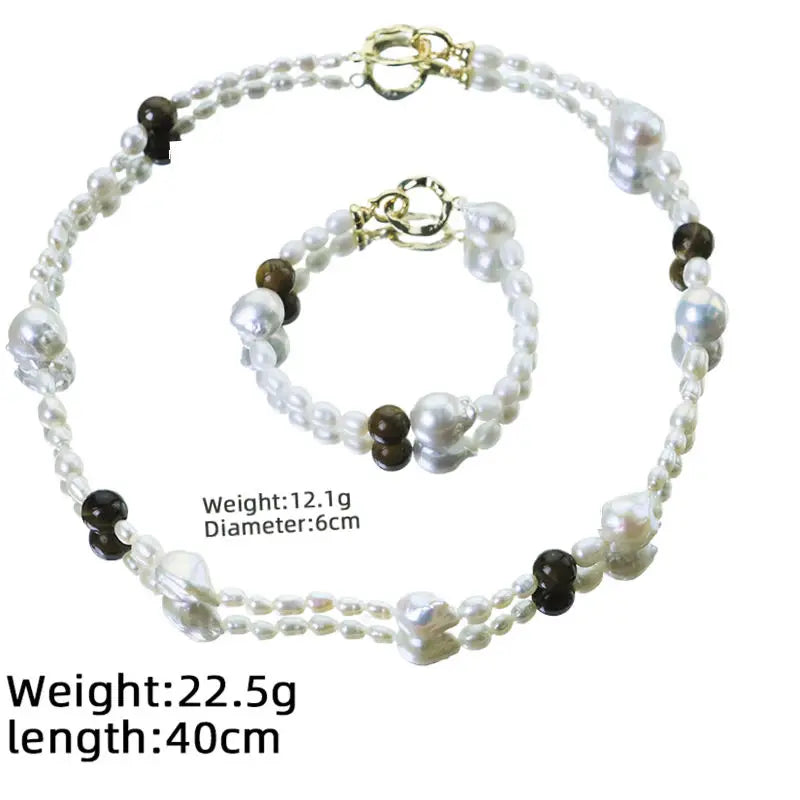 GLSEEVO Natural Freshwater Pearl & Tiger Eye Stone 2-Piece Jewellery Set — Necklace & Bracelet