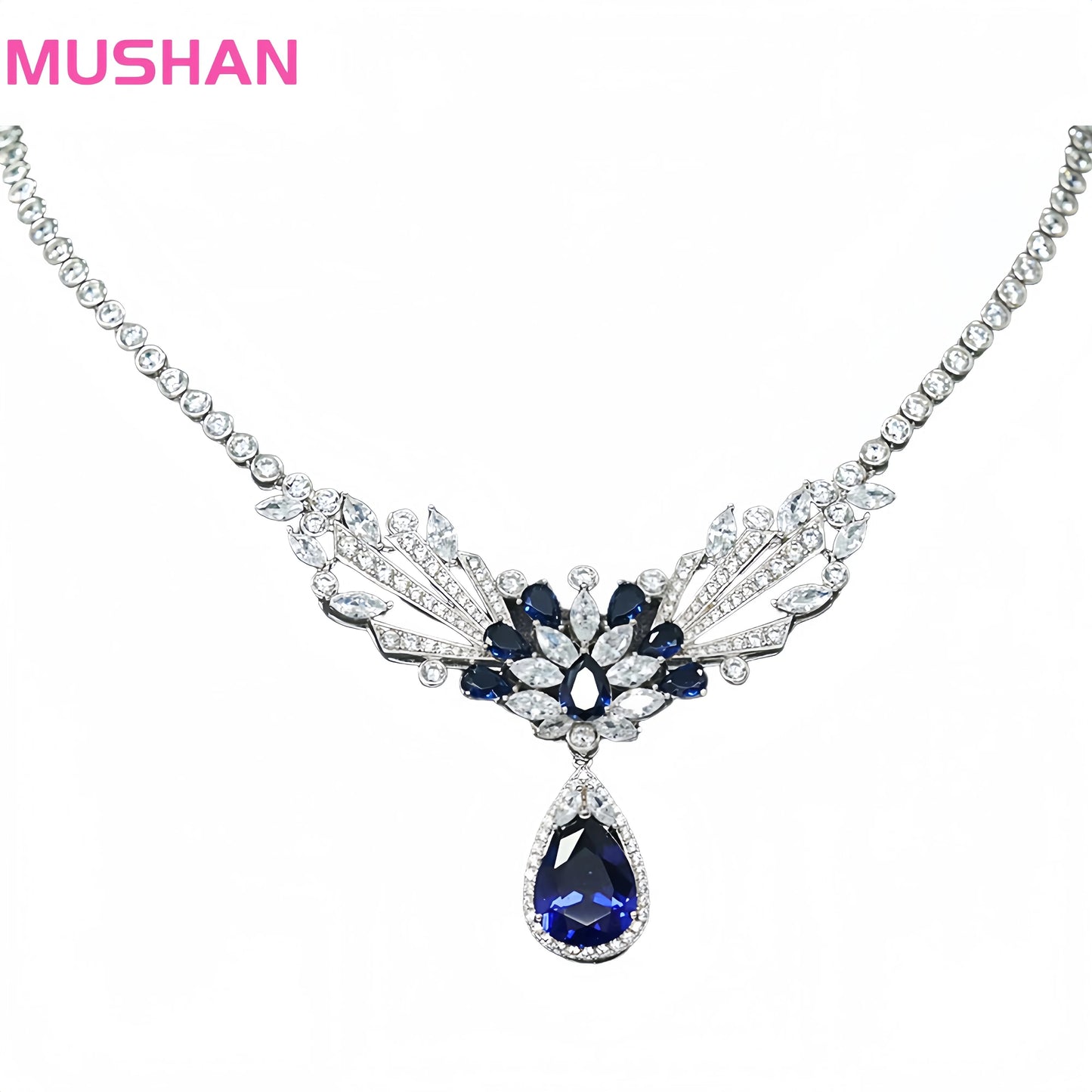 MUSHAN Luxury Rhodium Plated 925 Sterling Silver High Carbon Diamond Synthetic Sapphire Water Drop Shape Pendant Necklace