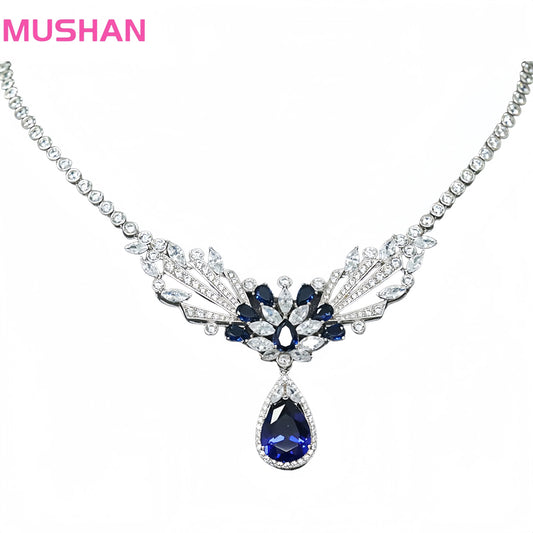 MUSHAN Luxury Rhodium Plated 925 Sterling Silver High Carbon Diamond Synthetic Sapphire Water Drop Shape Pendant Necklace