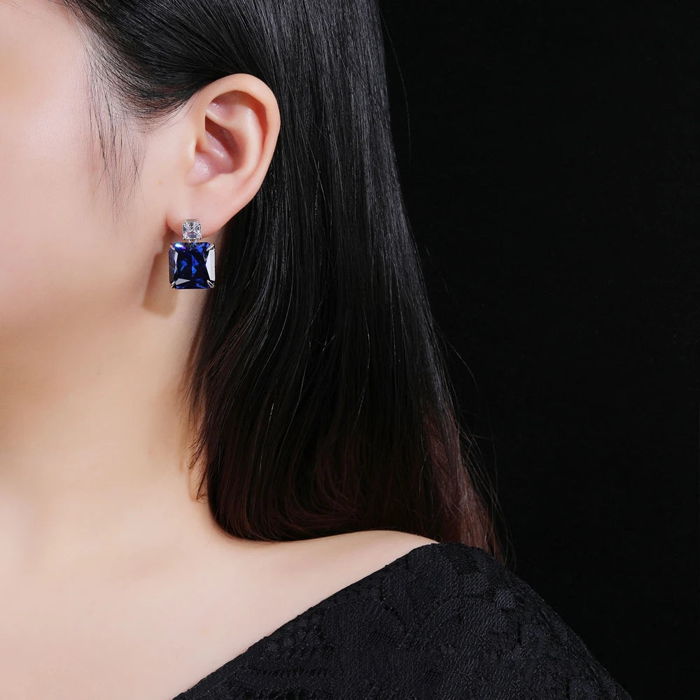 SILVERELLI Blue High Carbon Diamond Stud Earrings | S925 Sterling Silver | 18K Gold Plated | Classic Geometric