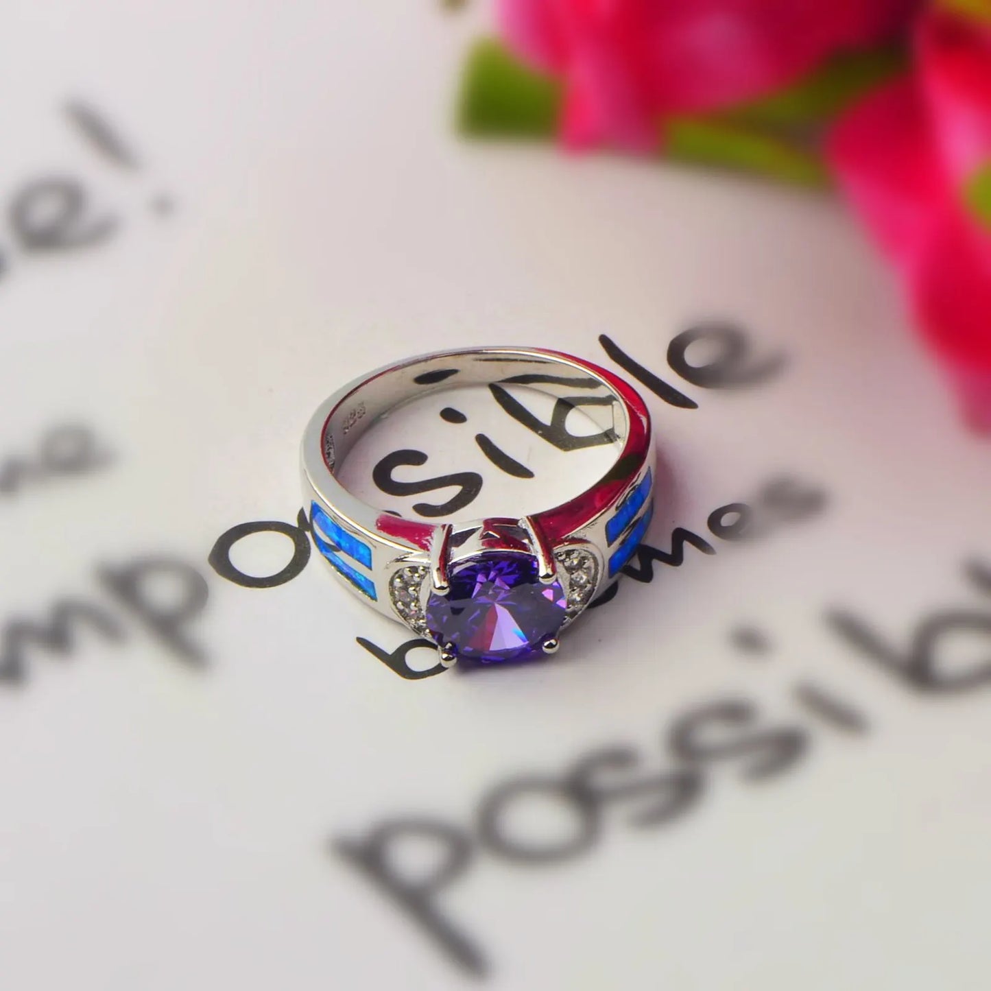 Purple Crystal & Blue Opal Ring | Silver Statement Band Jewelry