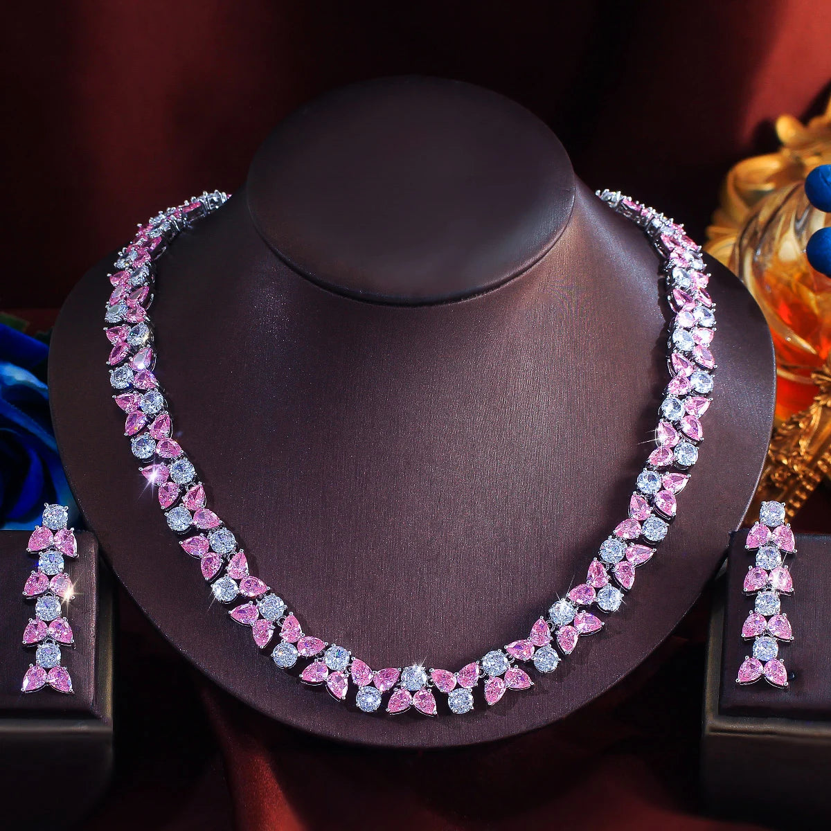 Exquisite Jewelry Set Rhodium Plated Pink White CZ Zircon Necklace Earrings Jewelry Set for Brides Women Unique Designer Party