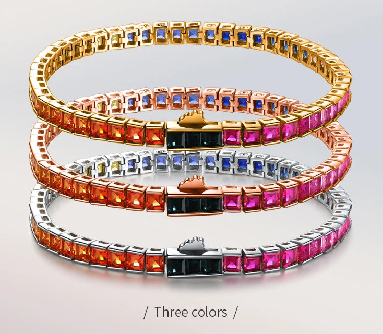 Gemfiori Anster Luxurious Rainbow Bracelets Bangle Multi Color Gemstone Bracelet 925 Sterling Silver Lab Grown Sapphire Chain for Women