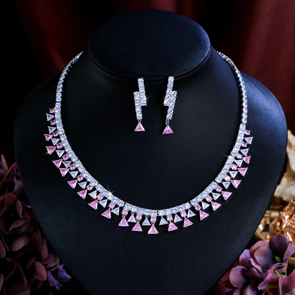 Shinning Triangle Shape Cubic Zirconia White and Pink Luxury Jewelry Set for Women Gathering Party Necklace and Earrings Set