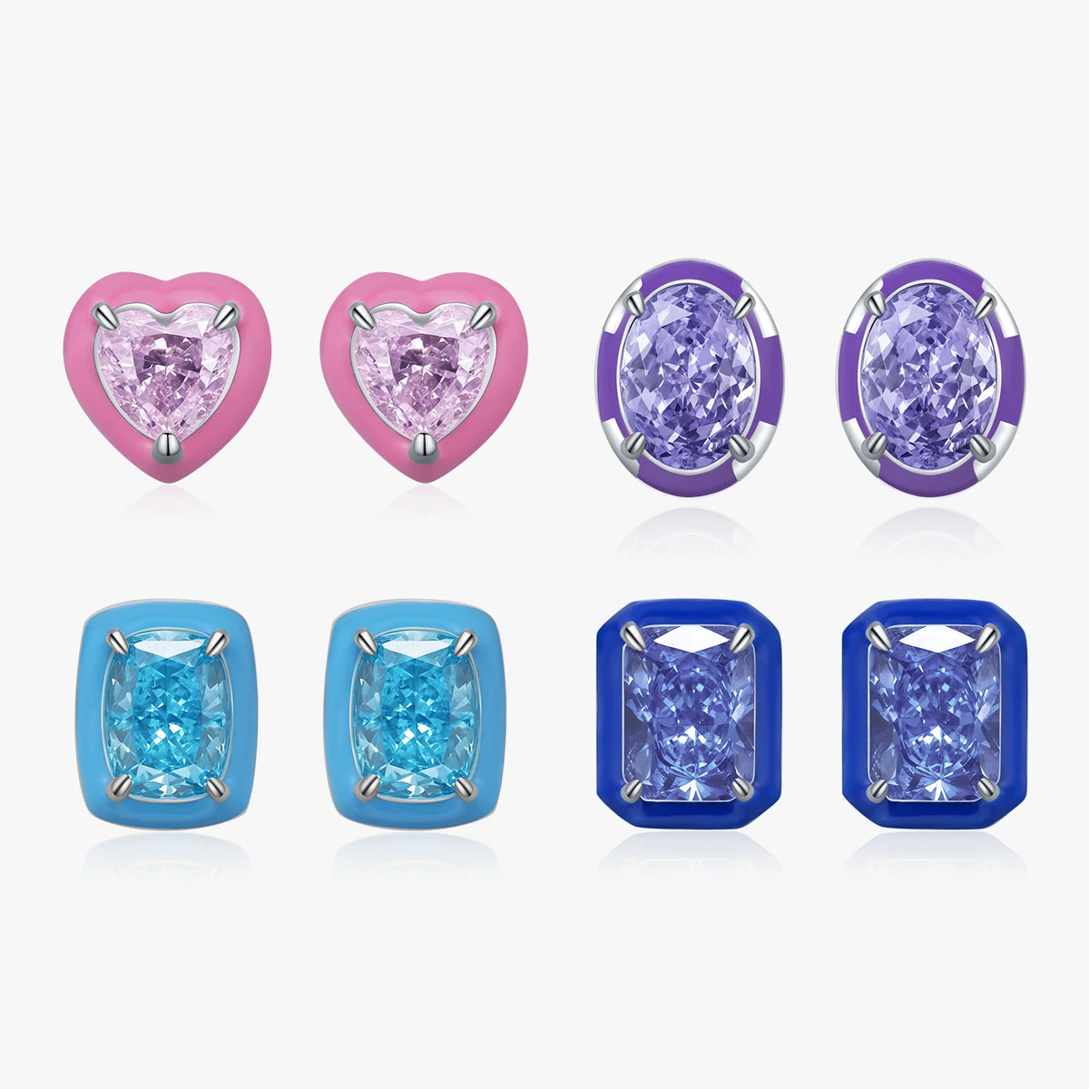 Multicolor Enamel Earrings 925 Sterling Silver Luxury Heart Oval Crushed Ice Cut CZ Stud Earrings for Women Fine Jewelry