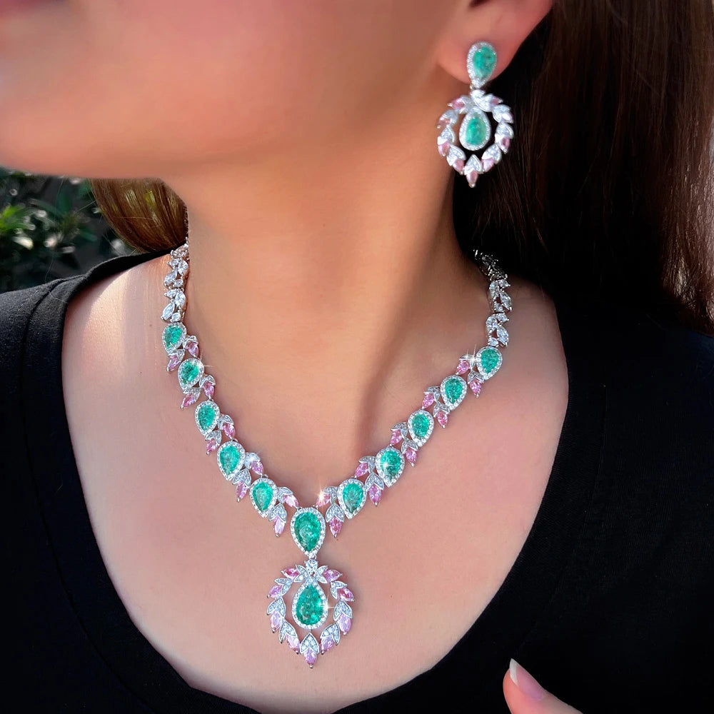Bohemian Glamorous Necklace Earrings Shiny Light Green Ice Out Cubic Zirconia Wedding Party Jewelry Set for Women Anniversary