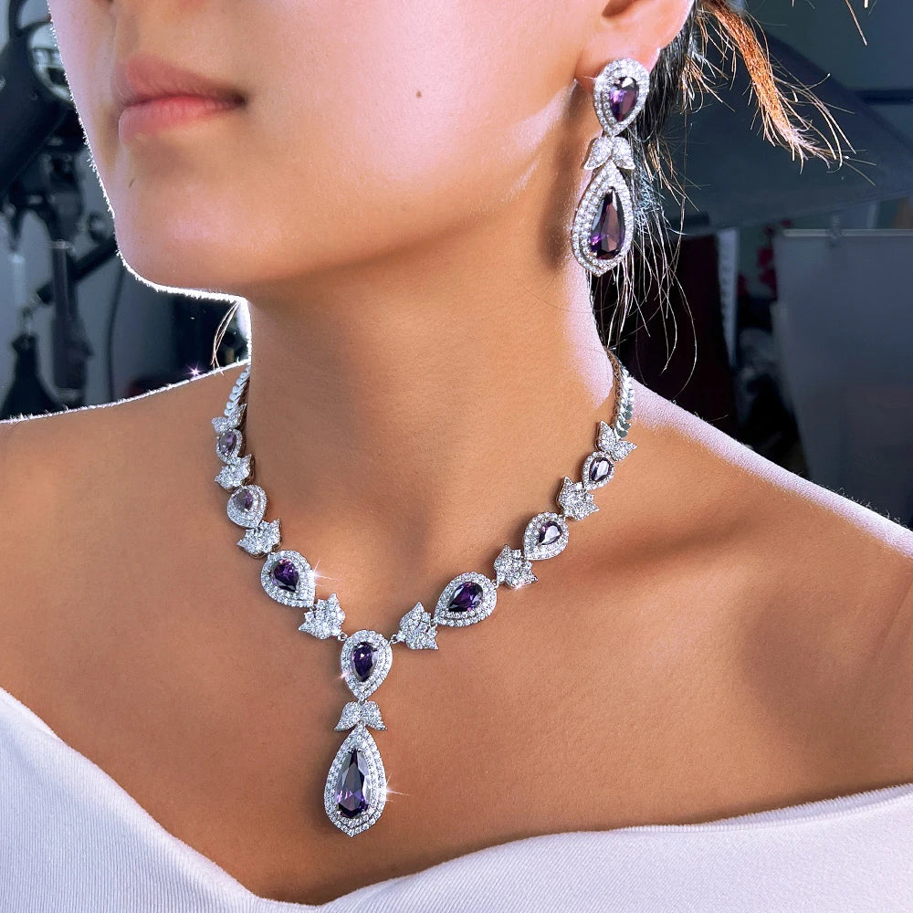 Gorgeous Purple White Cubic Zirconia Stone Luxury Big Long Water Drop Bridal Wedding Evening Party Jewelry Set for Women