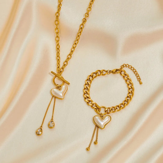 Hot Sell Fashion Stainless Steel Gold Heart Necklace and Bracelet Set Women Gold Jewelry Set