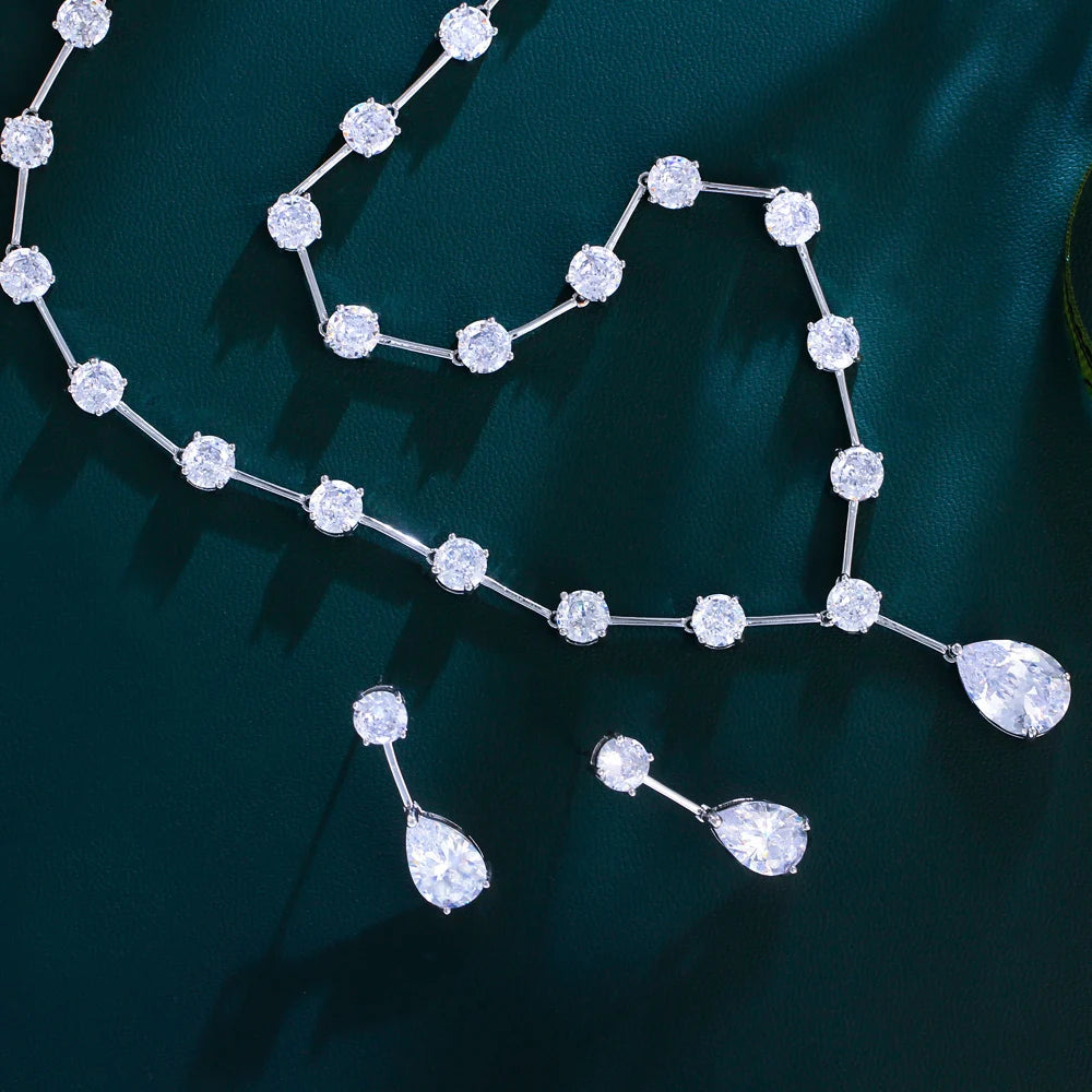 Sparkling White Cubic Zirconia Crystal Necklace and Earrings Big Chunky Water Drop Bridal Jewelry Set for Women Wedding