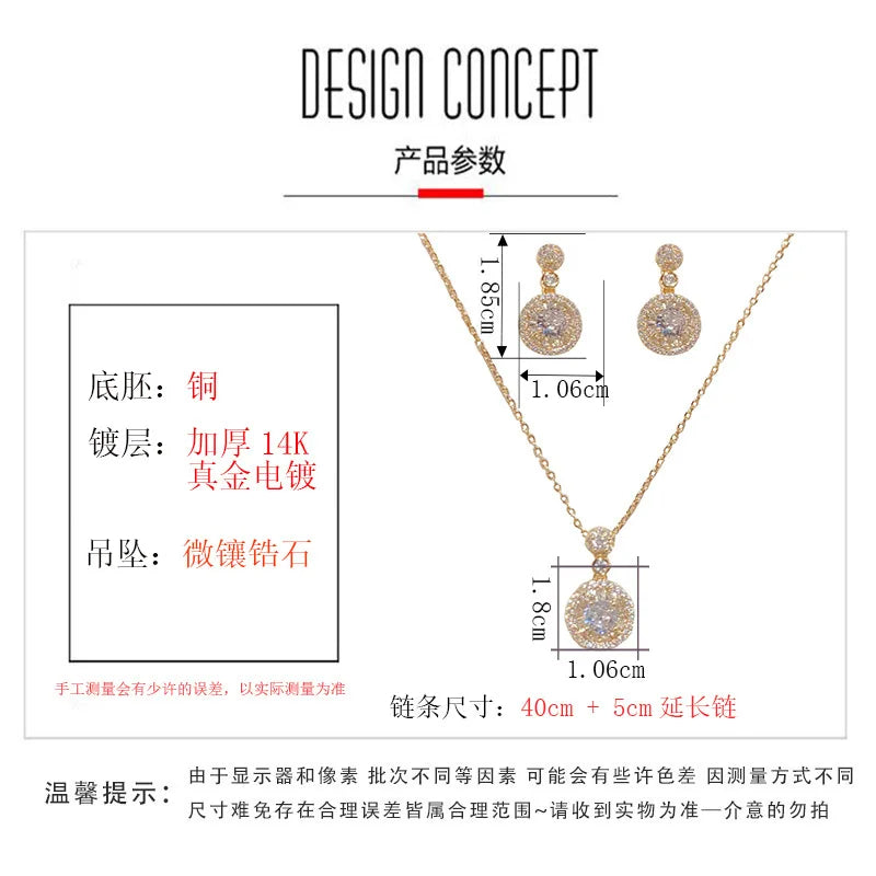 Top Quality Fashion Exquisite Copper Necklace and Earrings Set with Zircon Classic Real Gold Plated Jewelry Set for Women