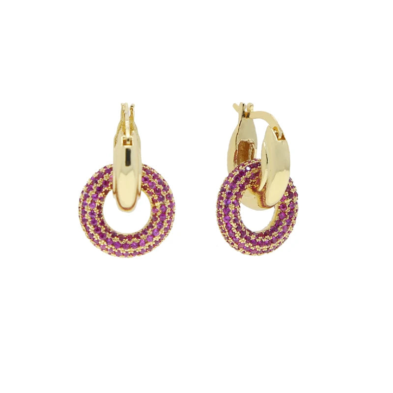 Pink Green Blue Colorful Zirconia Double Circle Huggie Hoop Earring 5A CZ High Quality Bling Fashion Design Women Jewelry