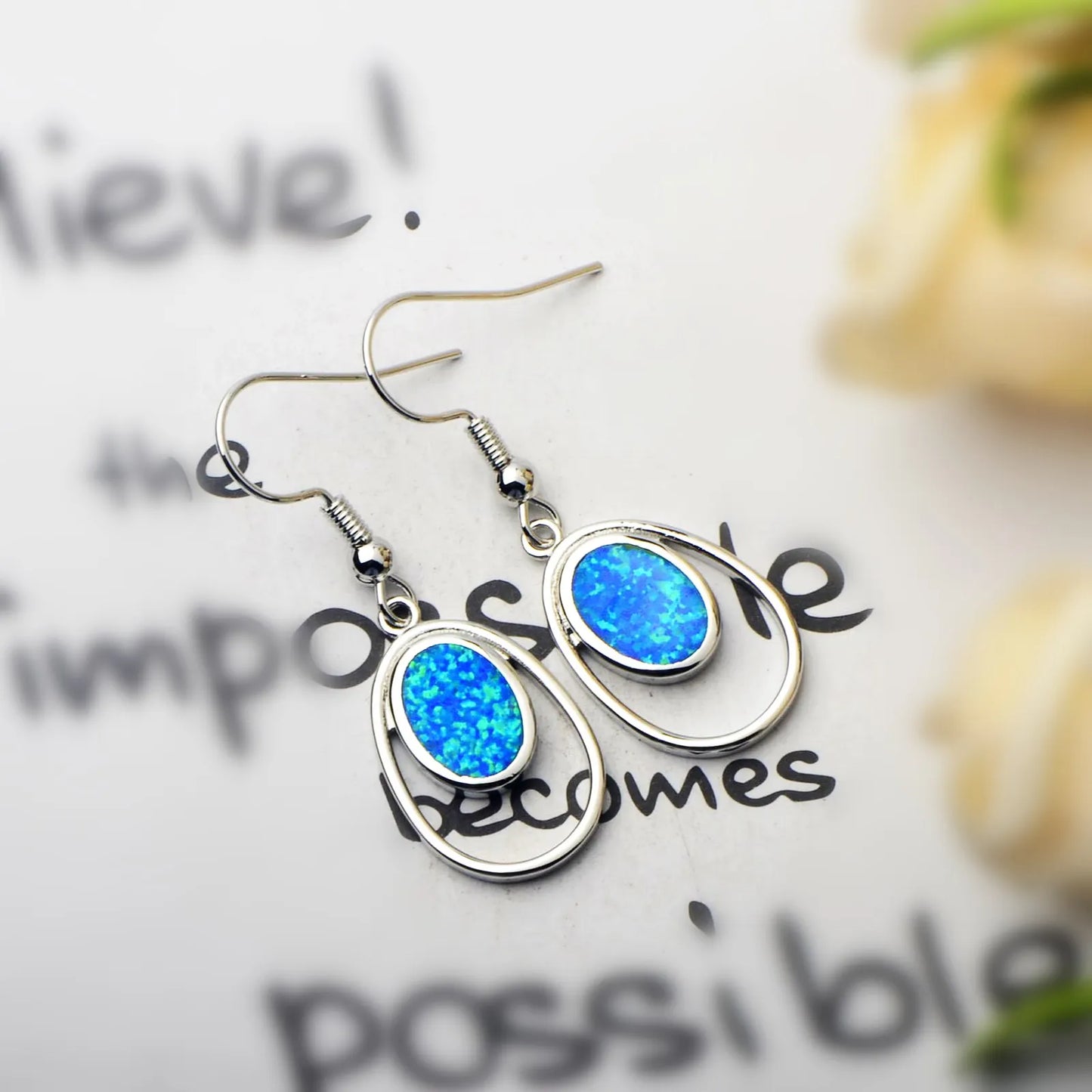 Jewelry for Women Bohemian Plant Floral Cluster Silver Plated Opall Ellipse Stud Earrings
