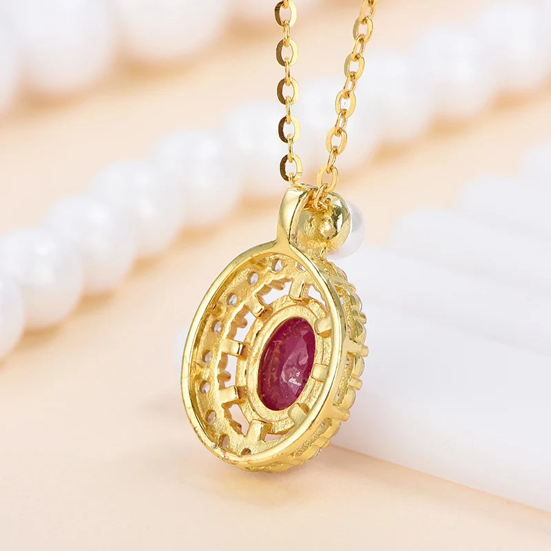 Gioiellieri Oval Shape Natural Ruby Solitaire Pendant 925 Sterling Silver Gold Plated Luxury Chain Necklace Gift Jewelry