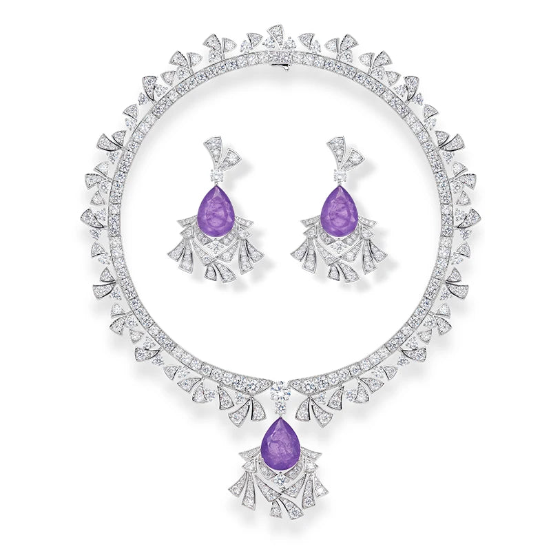 Luxurious Purple Water Droplet Necklace Earrings Fashionable Inlaid Cubic Zirconia Brass Women's Sexy Dress Accessories