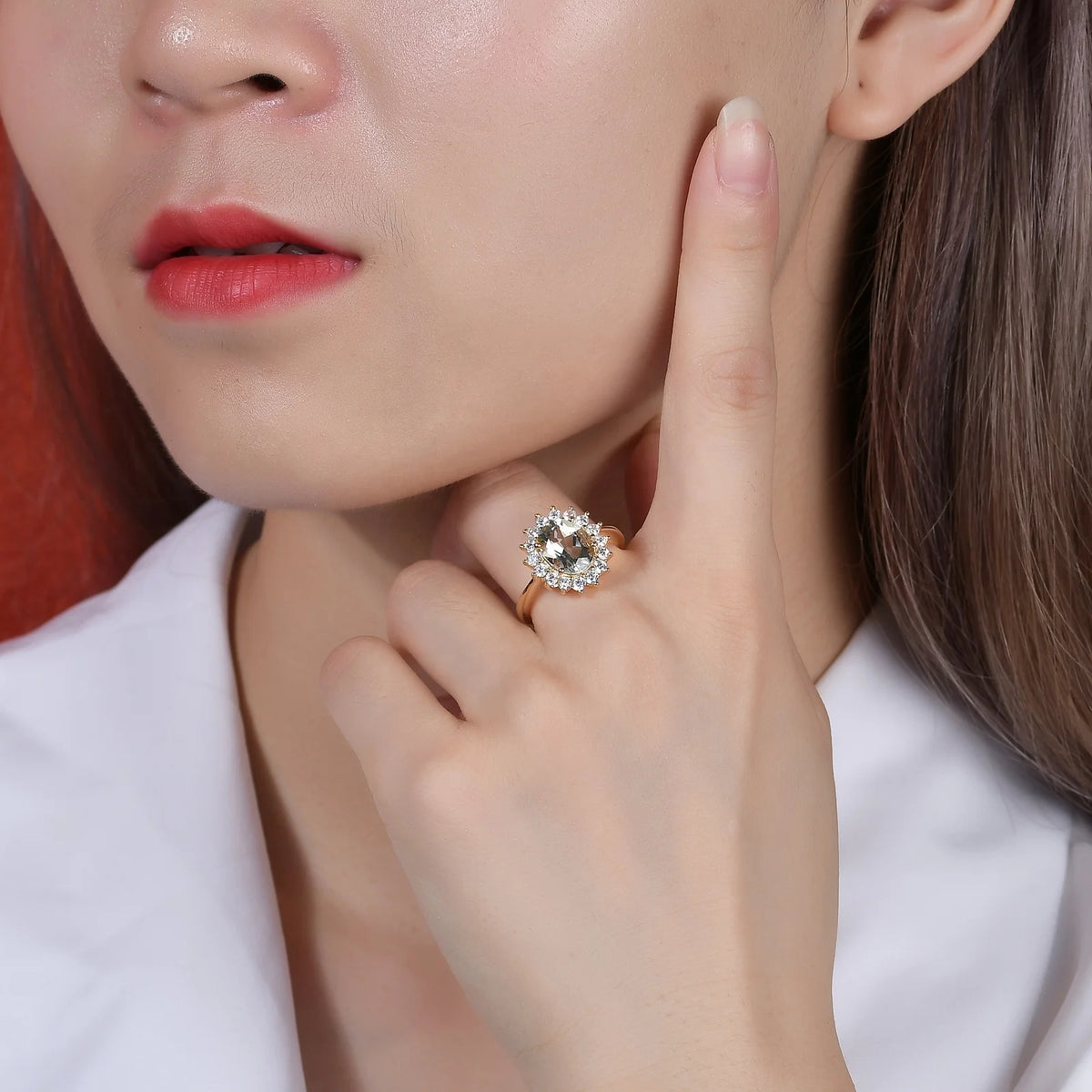 Gemfiori Abiding Gold Plated Oval Colored Stone 925 Sterling Silver Custom Wedding Halo Rings Jewelry for Women