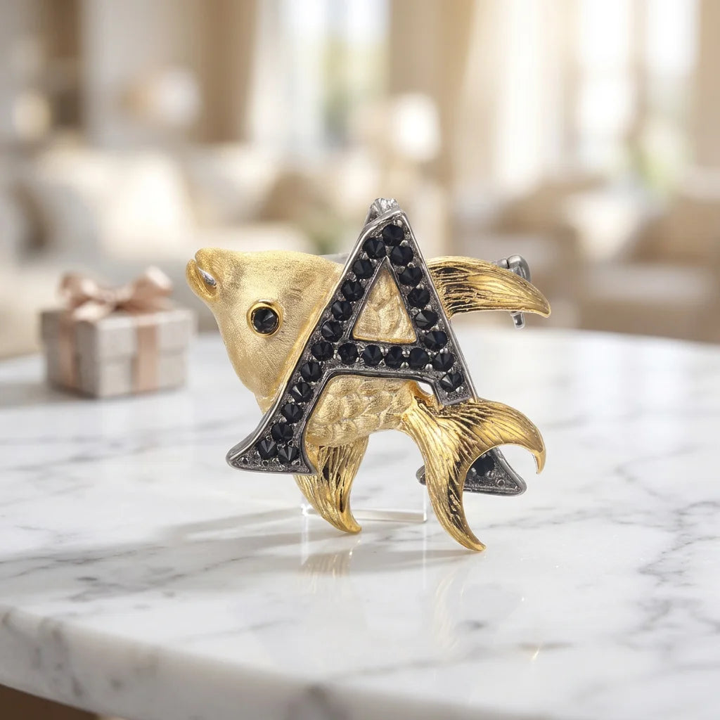 PERFECT Unique Design 925 Sterling Silver Fish Shape Gold Plated Black Spinel Classic Unisex Letter Pendant