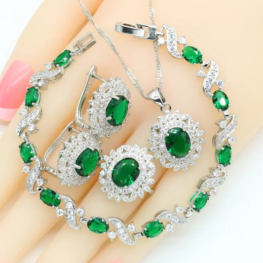 Custom Green Purple Zircon Jewelry Set for Women Classic Wedding Bracelet Hoop Earrings Necklace Rings Gift Box for Parties