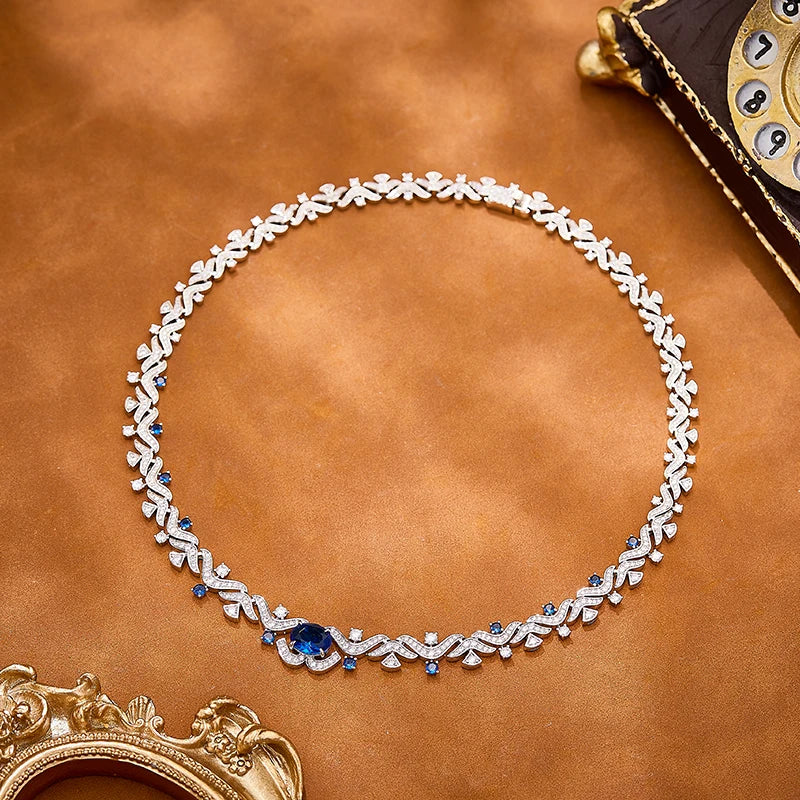Cornflower Blue Zircon Retro Vine Branch Leaf Necklace Earrings Ring Bracelet 4-piece Brass Set Jewelry Sexy Women's Gift