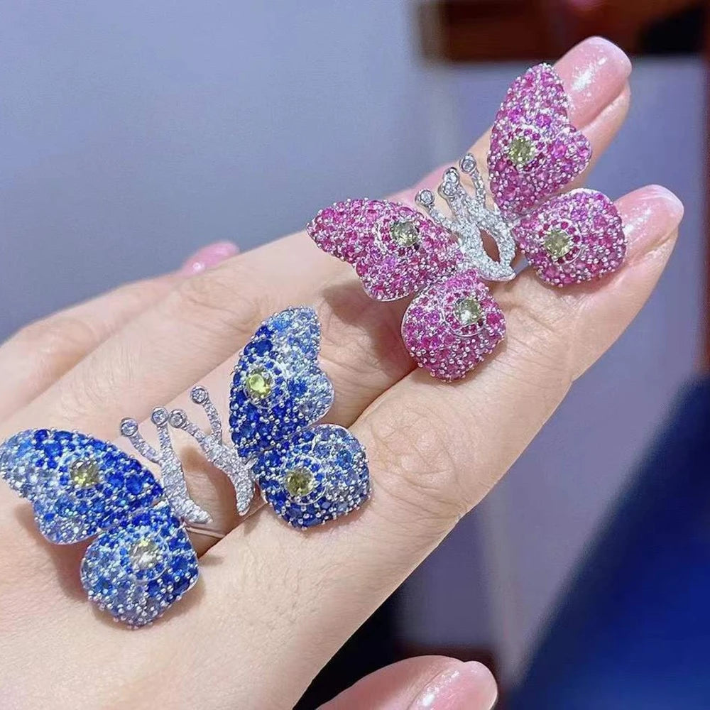 MUSHAN Jewelry Factory S925 Sterling Silver Stud Earrings Electroplated With Gold High Carbon Diamond and Red Gemstone Butterfly
