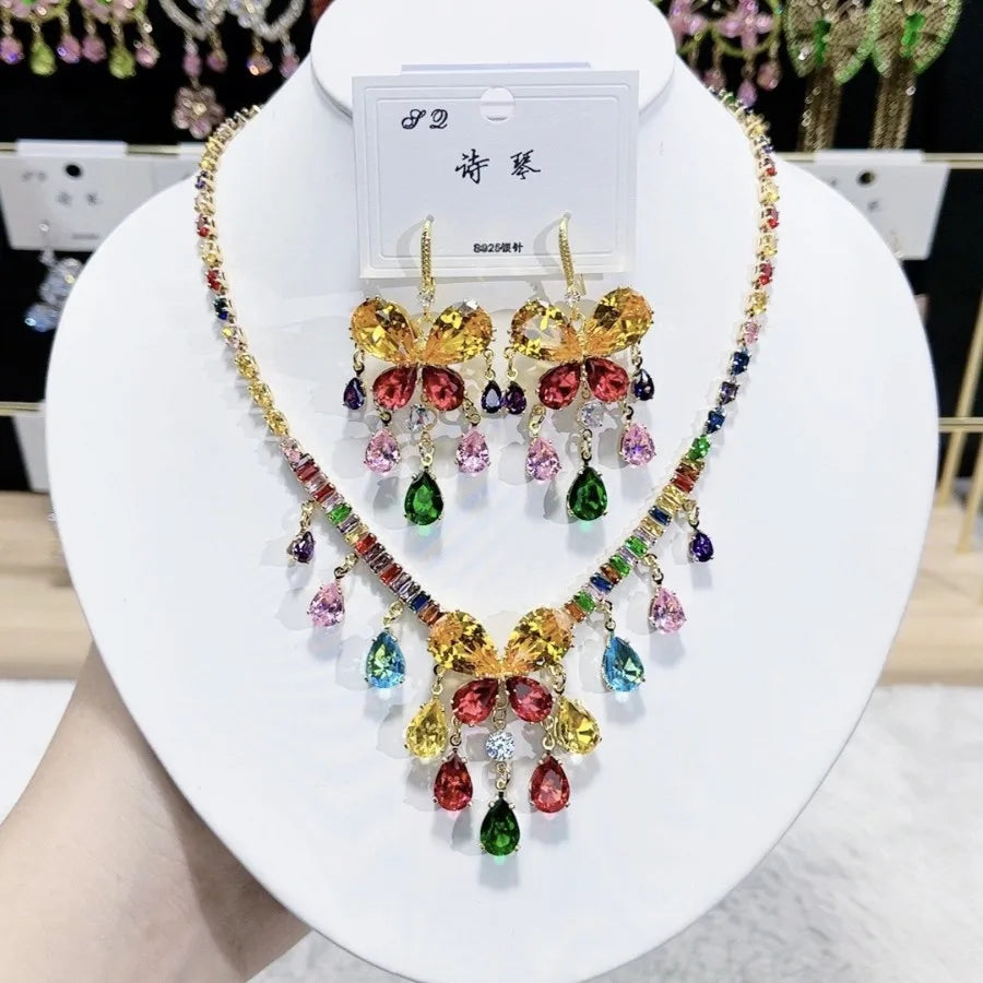 K088 High Quality Women Luxurious Tassel Zircon Butterfly Bridal Necklace Earrings Set Wedding Elegant Jewelry Set