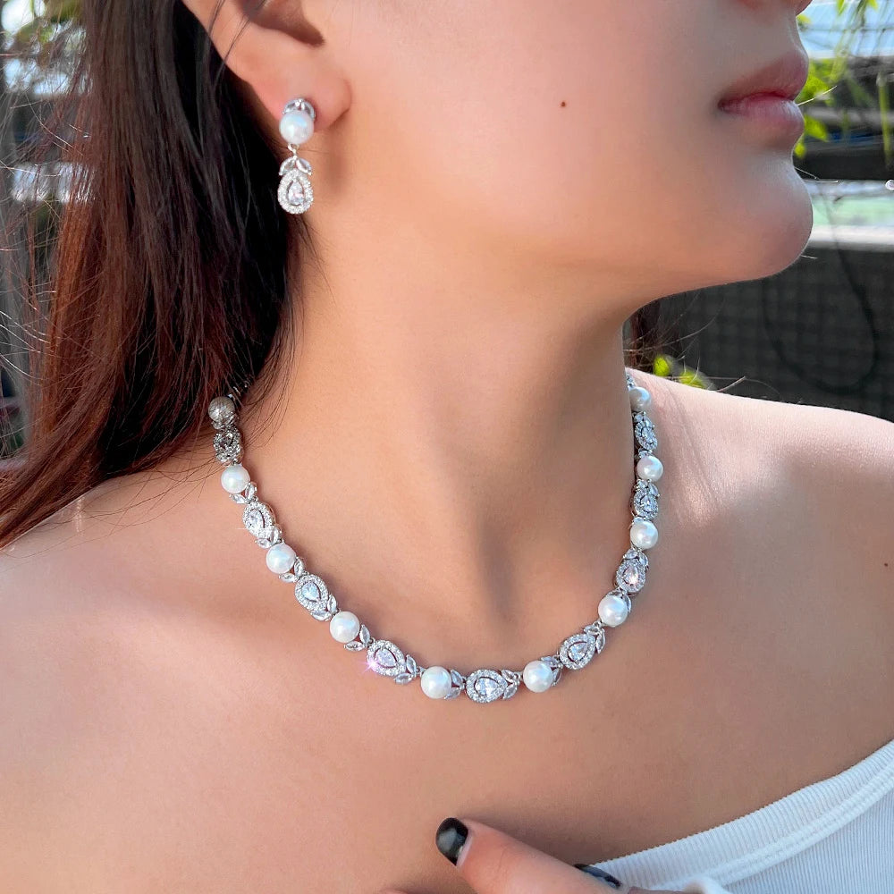 Dainty Leaf Shape Necklace and Earrings Cubic Zircon Imitation Pearl Bridal Jewelry Set for Women Wedding Gifts