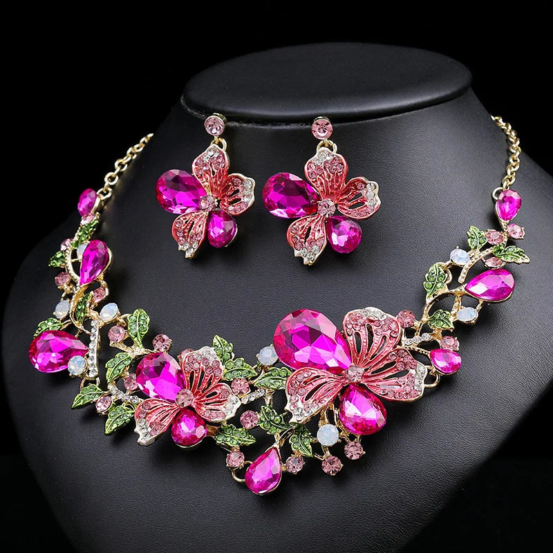 Zircon & Pearl Flower Necklace & Earrings Jewellery Set | Romantic Bridal Fashion Set