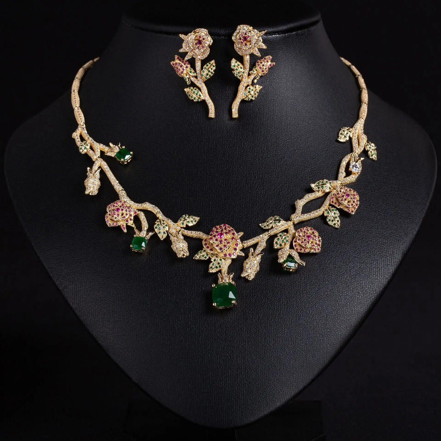 XM S226 Platinum Plated Princess Cut Zircon Rose Flower Statement Necklace & Drop Earrings Bridal Set