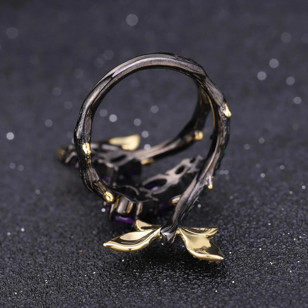 ArtistA Abiding Fine Jewelry 925 Sterling Silver Nano Emerald Gold Plated Butterfly Natural Amethyst Gemstone Rings for Women
