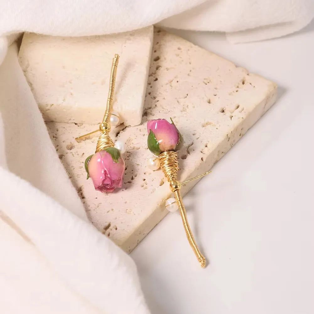 Natural Freshwater Pearl Drop Gel Flower Earrings Korean Style Women Luxury Jewelry Fashion Ladies and Girls Gift GE1521