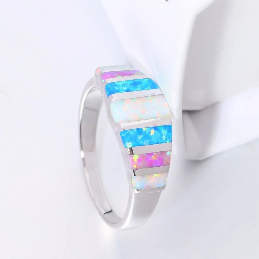 Bohemian Opal Ring Colorful Block Design with Dazzling Rainbow Sparkle