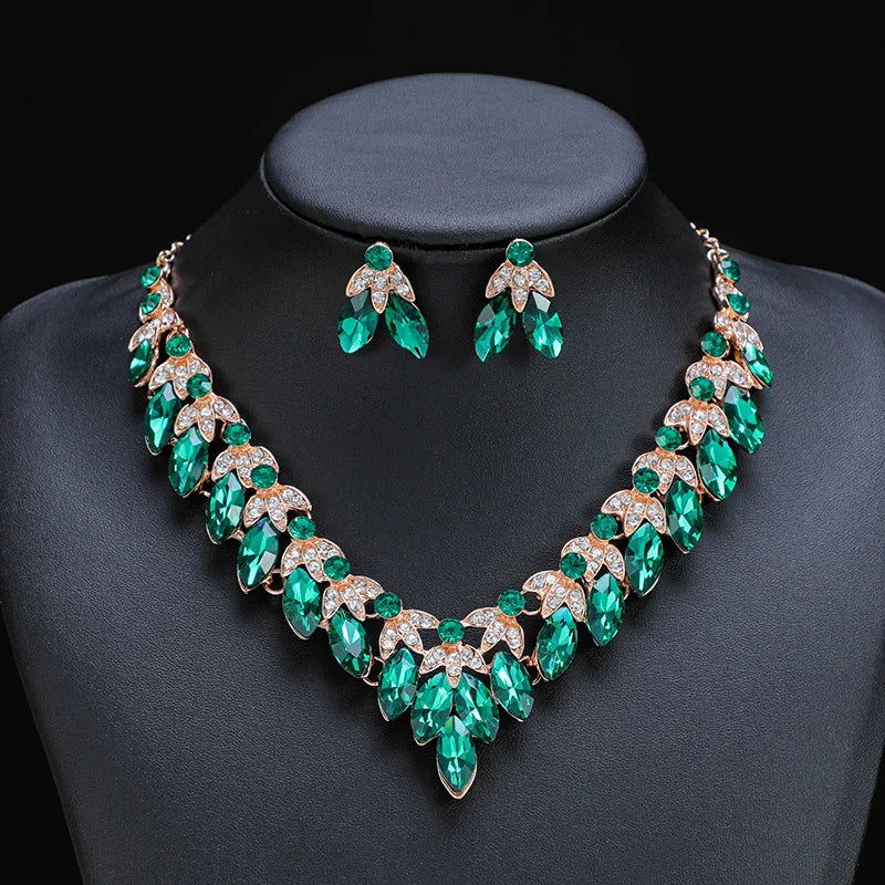 Retro Crystal Flower Clavicle Necklace & Earrings Set | Exaggerated Rhinestone Fashion Jewellery | 5 Colours