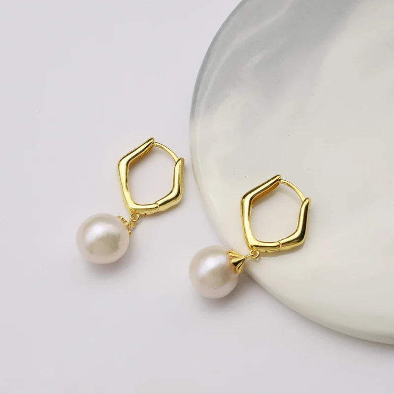 New Fashion 925 Sterling Silver Earrings 18k Gold Plated Freshwater Pearl Pendant Earrings Fine Jewelry for Women